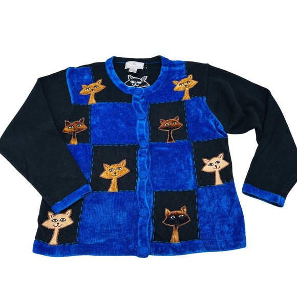 Lisa International Womens Cat-Themed Button Cardigan Sweater L Blue & Black Cott - Picture 1 of 6